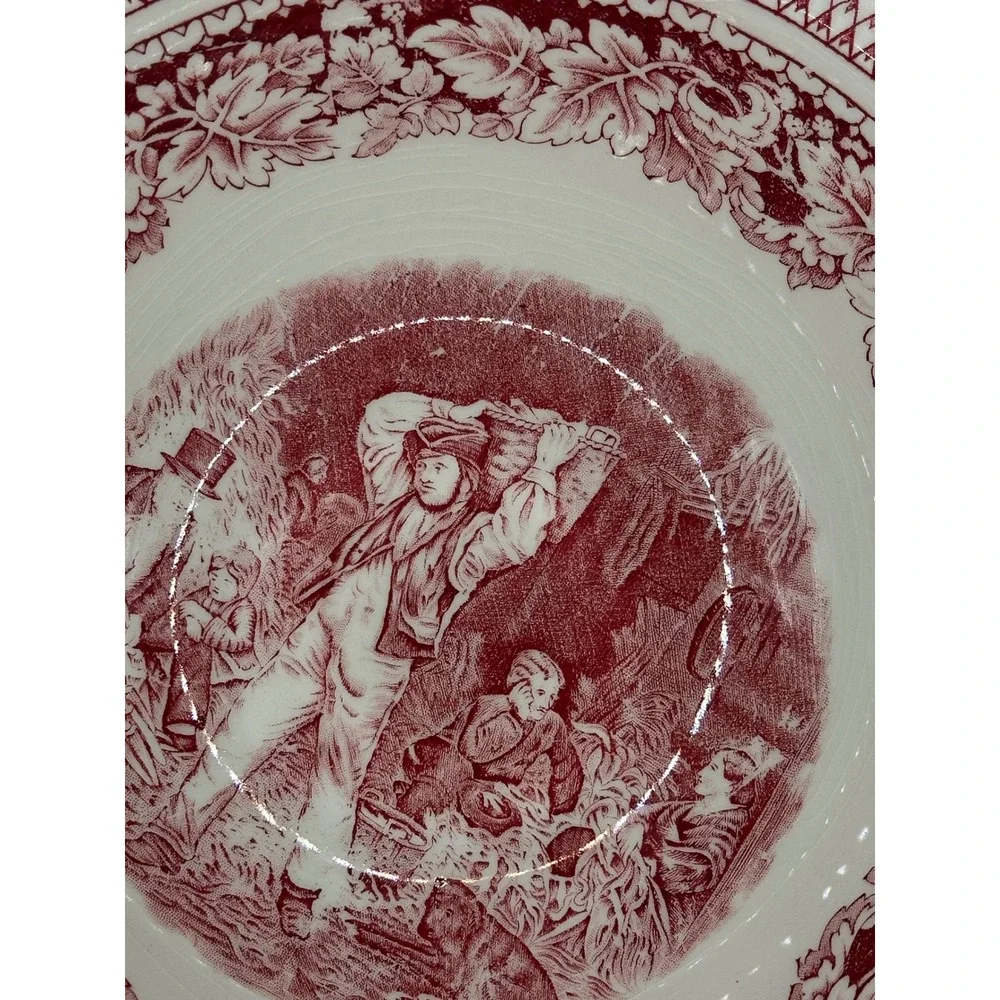 Homer Laughlin Currier & Ives Red Transferware Covered Bowl Husking Partridge